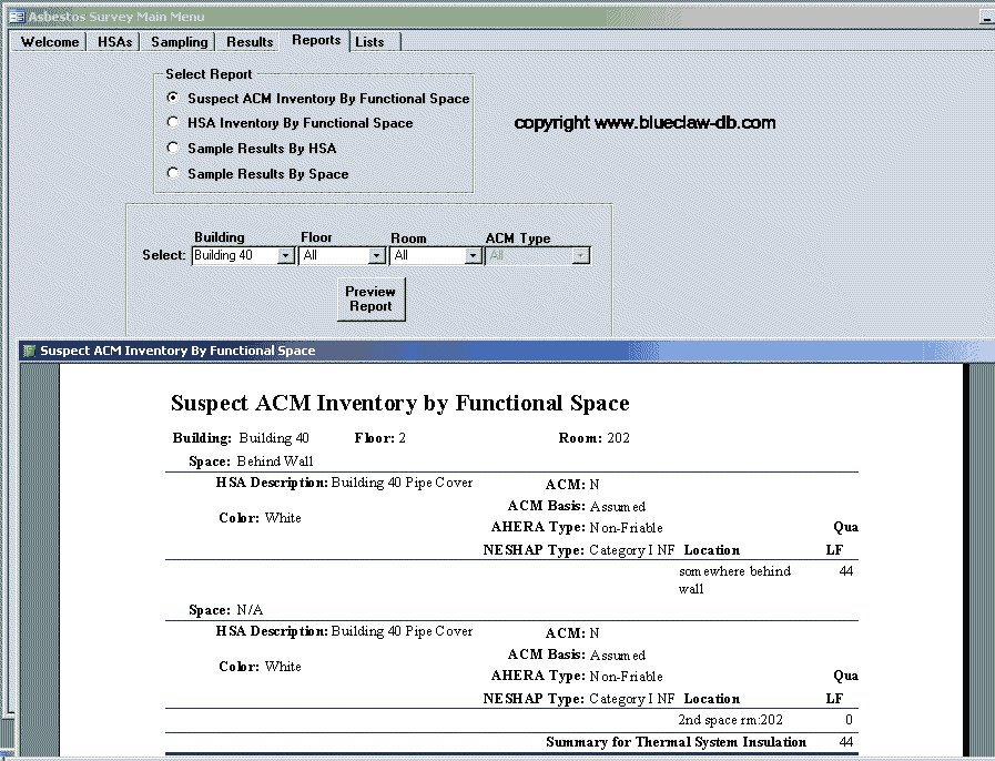 asbestos report parameters screen