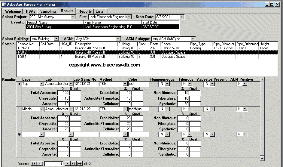 asbestos sample results tab