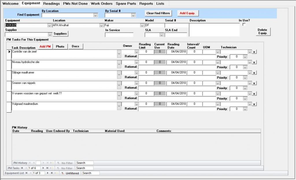 preventive maintenance software equipment screen